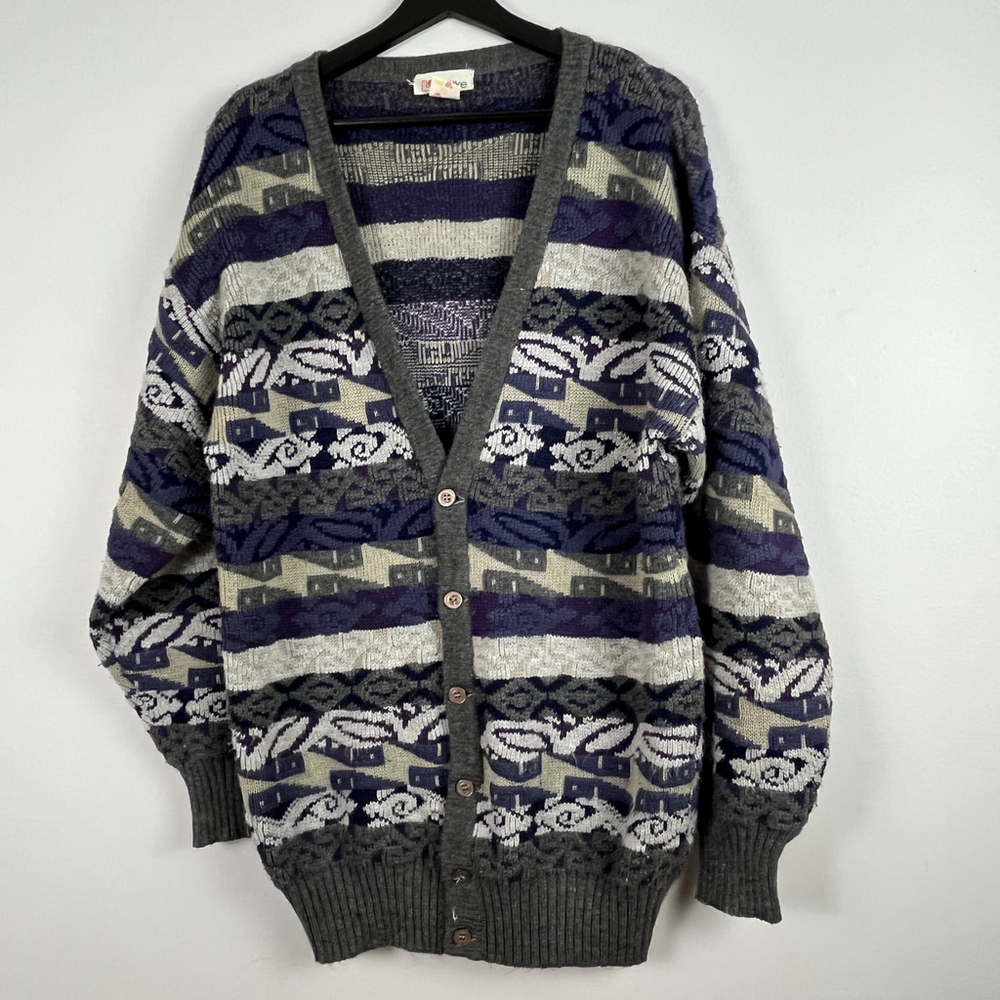 Vintage Lumière cardigan grandpa sweater men size M gray purple